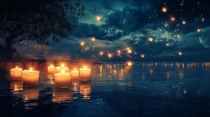 Dreamlike Armistice Day scene with remembrance candles floating like stars in a tranquil night sky.