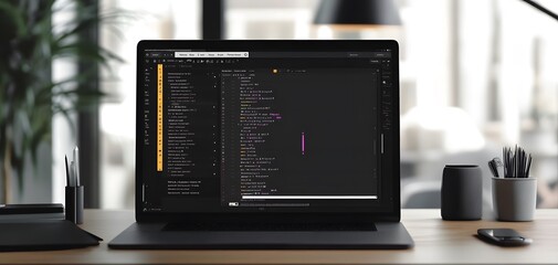 A modern workspace featuring a sleek laptop displaying code, surrounded by a stylish desk and ambient lighting.