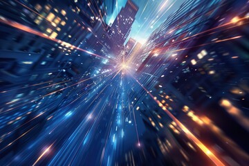 Fototapeta premium Futuristic New Year's Skyline with Dynamic Light Streaks Against a Dark Blue Sky