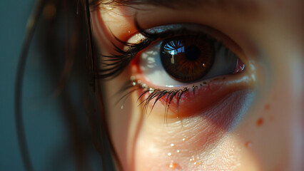 a close-up of a woman's eye with a cinematic look.