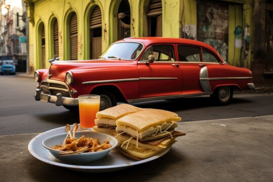 Fototapeta Classic Food and Vintage Car Scene in Urban Setting