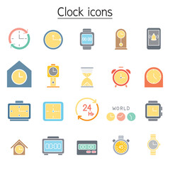 Clock, watch, stopwatch icon set in flat color style