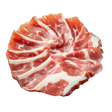 Thinly sliced capicola ham arranged in a circular pattern on a transparent background
