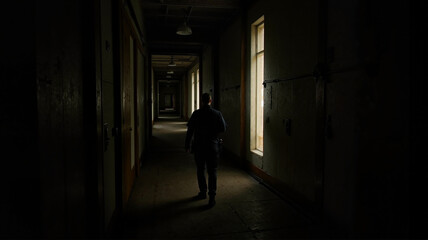 Man walking through abandoned dark hallway