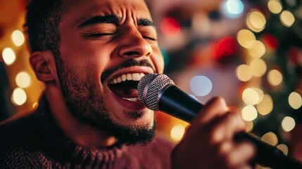 A man joyfully singing karaoke with a microphone during a festive holiday party, creating a lively atmosphere of celebration and entertainment