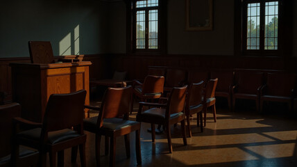 Courtroom chairs illuminated by sunlight