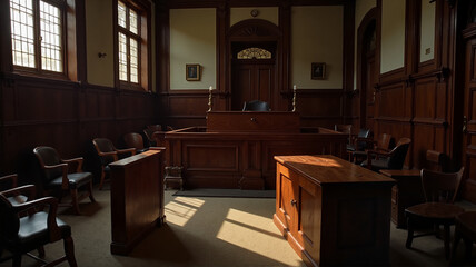 Obraz premium Empty courtroom with wooden benches and sunlight