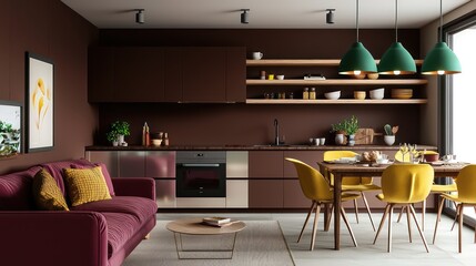 Contemporary living area with pearl kitchen cabinets, wooden shelves, chocolate brown walls, jade pendant lights, burgundy sofa, and mustard dining chairs