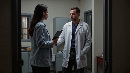 Doctor and female prison officer talking in prison