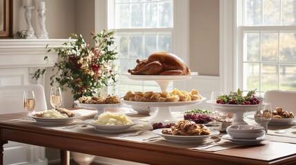 Thanksgiving feast spread with a golden turkey, cranberry sauce, mashed potatoes, and gravy, an iconic holiday meal.