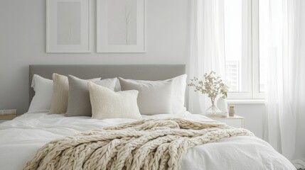 A serene bedroom showcases a large bed adorned with fluffy pillows and a cozy knitted throw
