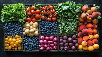 Colorful assortment of fresh ripe fruits and vegetables arranged beautifully for healthy living