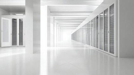 Ultra-modern white server room with rows of high-tech servers, spotless floors, and a minimalist design for advanced data processing.
