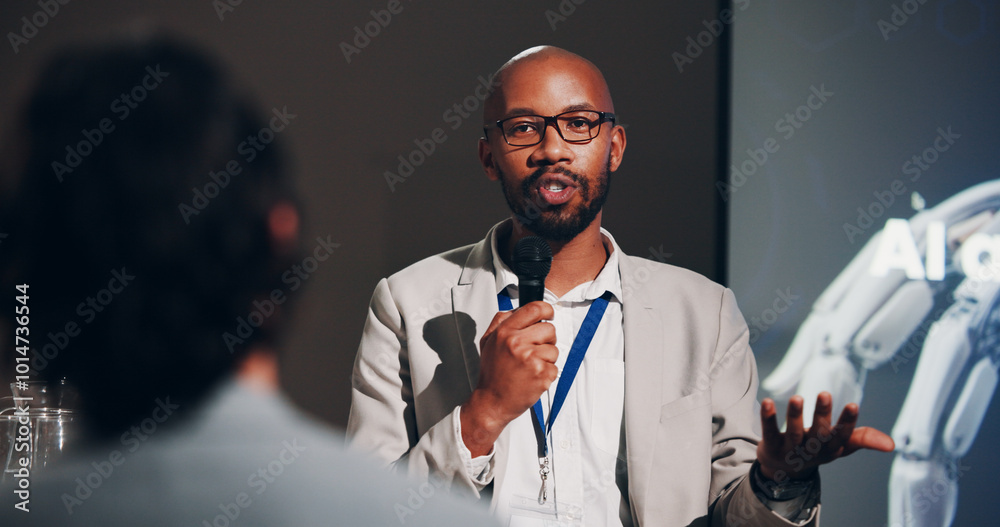 Aufkleber african man, speaker and presentation in business seminar for project, machine learning or company. 