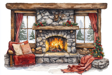 A cozy winter scene featuring a stone fireplace, warm fire, festive decorations, and a comfortable seating area.