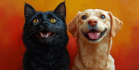 Fototapeta premium Black Cat and Yellow Dog Together