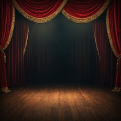 Fototapeta premium Grand, empty stage set with luxurious red velvet curtains parted in middle, revealing dark, mysterious space behind where performances take place. Heavy curtains drape elegantly on either side.