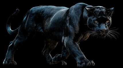 Fototapeta premium Majestic black panther walking gracefully on black background