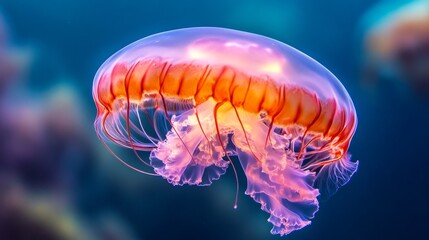A vibrant, bioluminescent jellyfish with red and pink hues, floating gracefully in the deep blue ocean.