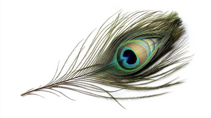 A peacock feather drifts gently on a white surface