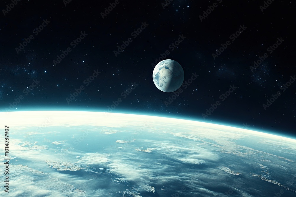 Poster exploring peaceful planetary orbits with a view of the serene moonlit landscape