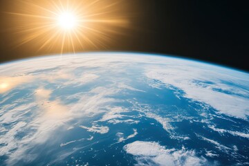 Fototapeta premium Earth in Planetary Orbit With a Radiant Sun Shining Above the Peaceful Blue Oceans and Clouds