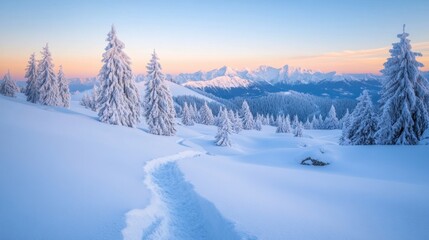 Obraz premium Winter hiking trail with snow-covered trees and mountains, a perfect destination for nature lovers and adventurers.