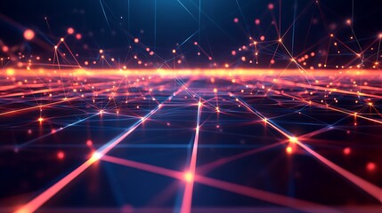 A captivating futuristic geometric grid glowing with vibrant squares in a digital landscape at dusk background