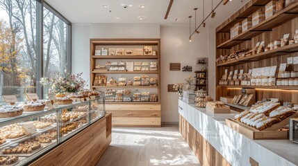 Modern bakery interior with fresh pastries on display and natural light