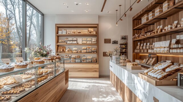 Modern bakery interior with fresh pastries on display and natural light