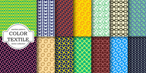 Collection of bright color seamless geometric patterns. Fabric material endless texture. Trendy fashion hipster decorative backgrounds. Modern unusual prints