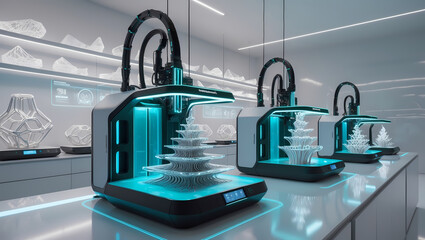 Obraz premium High-Tech 3D Printer with Neon Lighting and Holographic Projections, Shaping a Glowing Object in Mid-Air