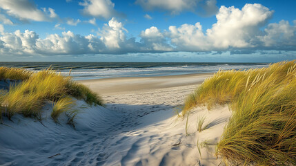 Obraz premium Szerokie pasy piasku zapraszają do wypoczynku, a fale delikatnie muskają brzeg. Wydmy z trawą tworzą naturalne zakątki, gdzie można uciec od codzienności. 