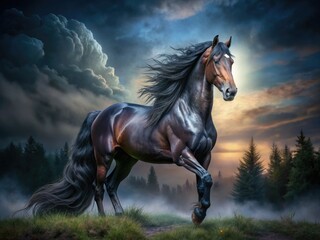 An exquisite image of a Friesian horse, demonstrating majestic beauty and elegance set within nature's captivating and scenic surroundings. Truly a sight to behold!