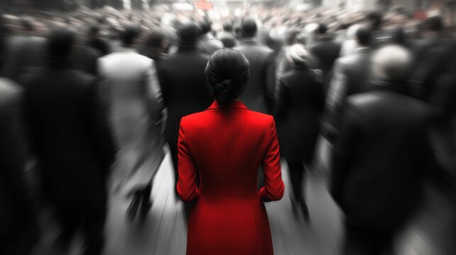 Woman In A Red Coat Standing Still In A Busy Crowd, Black And White Focus generative ai