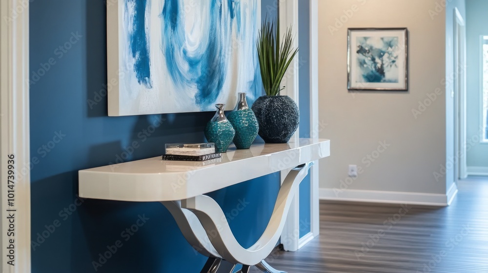 Poster a well-decorated hallway showcases a console table with decorative vases and a large abstract painti