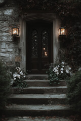 Fototapeta premium Dark, elegant entrance to residence with wooden door