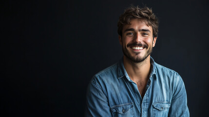 Obraz premium young man with a beard and messy hair is wearing a denim shirt and smiling brightly against a black background