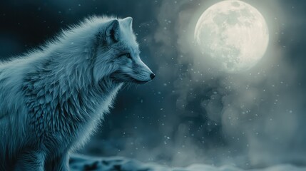 Obraz premium a arctic fox , full moon , portrait, vaporous, liquid mercury art