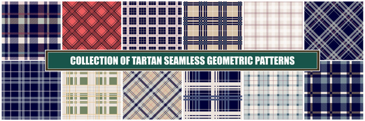 Collection of color cloth seamless patterns - geometric striped design. Vector repeatable textile backgrounds. Bright classic tartan plaid fabric prints