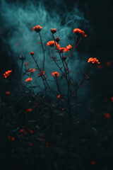 Obraz premium Little orange flowers on dark misty background