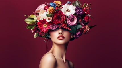 Naklejka premium This striking fashion portrait features a young woman adorned with a large floral headdress, comprising various autumn-colored blooms, set against a burgundy backdrop.