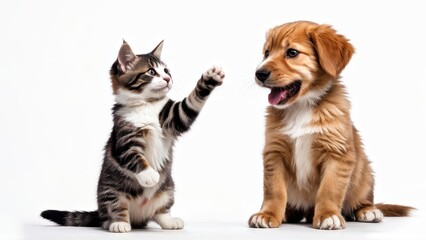 A playful kitten and a cheerful puppy interact on a white background.