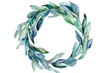 A circular wreath made of green and blue leaves, showcasing a blend of watercolor textures and natural elements.