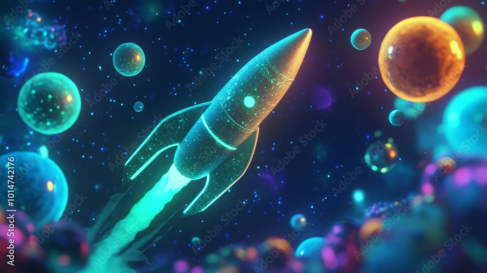 Leinwandbilder a rocket propels upward against a backdrop of bright cosmic elements, including luminous spheres and