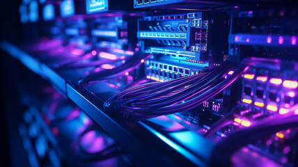 Close-up of glowing server racks and network cables in a futuristic data center, representing high-tech infrastructure, networking, and data storage.