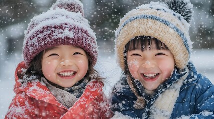 雪の降る冬の屋外で笑顔の子供達