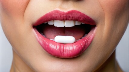 A zoomed-in view of a woman&acirc;&euro;&trade;s mouth with a medication pill, symbolizing health, wellness, care, and diverse treatment options for enhancing one&acirc;&euro;&trade;s well-being.