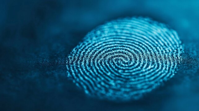 Close-up of a vibrant blue fingerprint against a dark background, showcasing unique patterns
