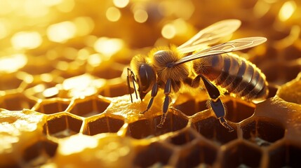 A honeybee collects nectar on a honeycomb under warm afternoon sunlight in a vibrant hive